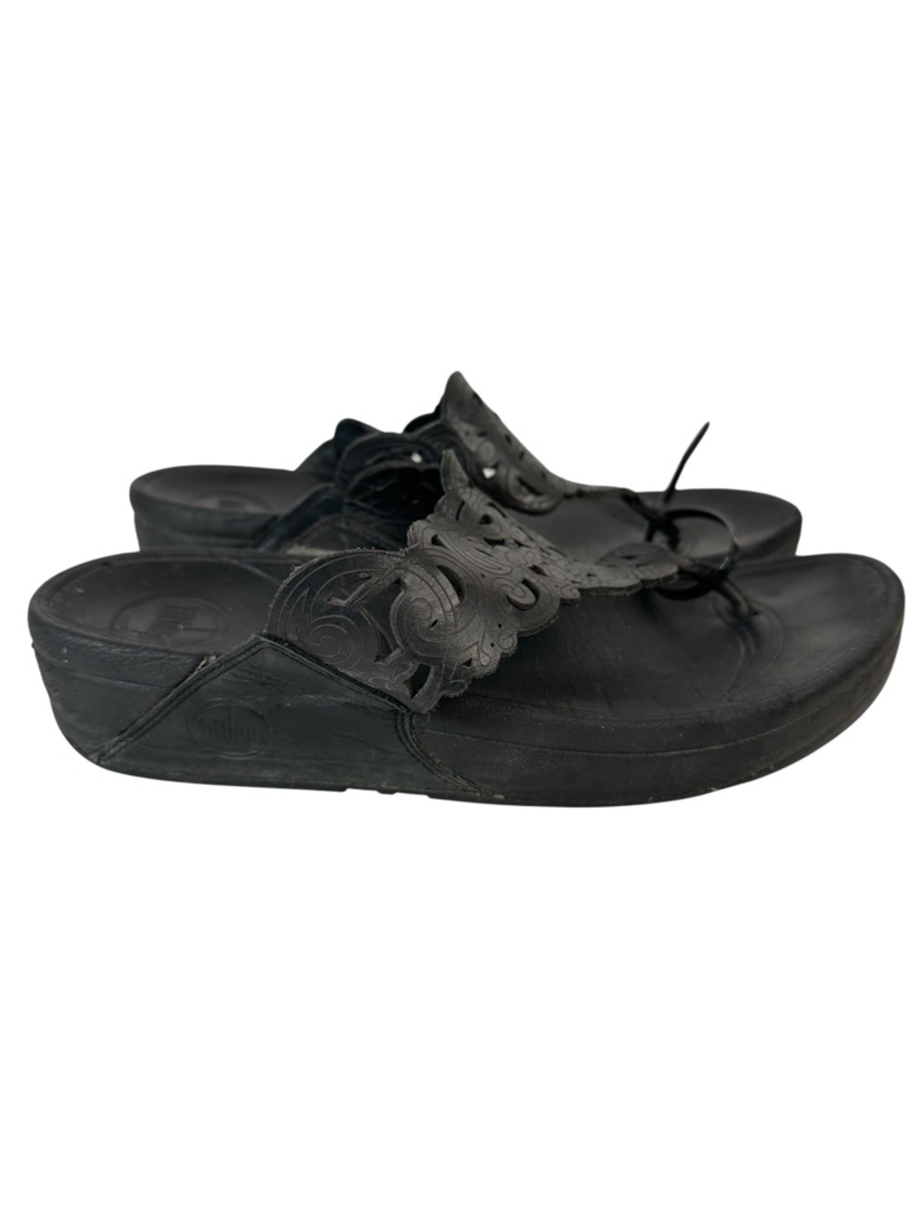 FitFlop Flora Black Leather Comfort Wedge Thong Sandals Womens 8 Casual